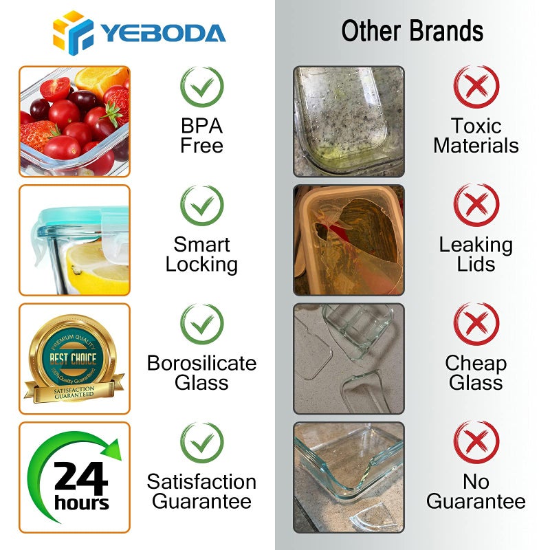 YEBODA Glass Food Storage Containers with Airtight Snap Locking Lids BPA Free Meal Prep Container Set For Home Kitchen Restaurant - Freezer, Microwave, Oven, Dishwasher Safe [28oz, 4 Pack] - Image 3